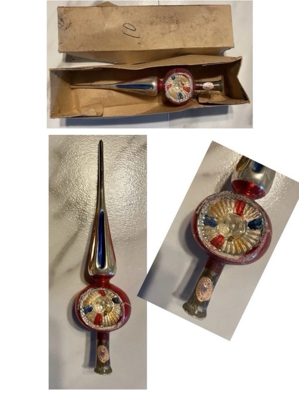 Vintage Hand Blown Mercury
Glass Tree Topper Indent Czech
W/Box Feather Tree